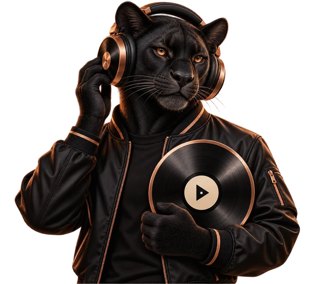 Mascotte Vynlo : une panthère noire avec un casque cuivré tenant un vinyle